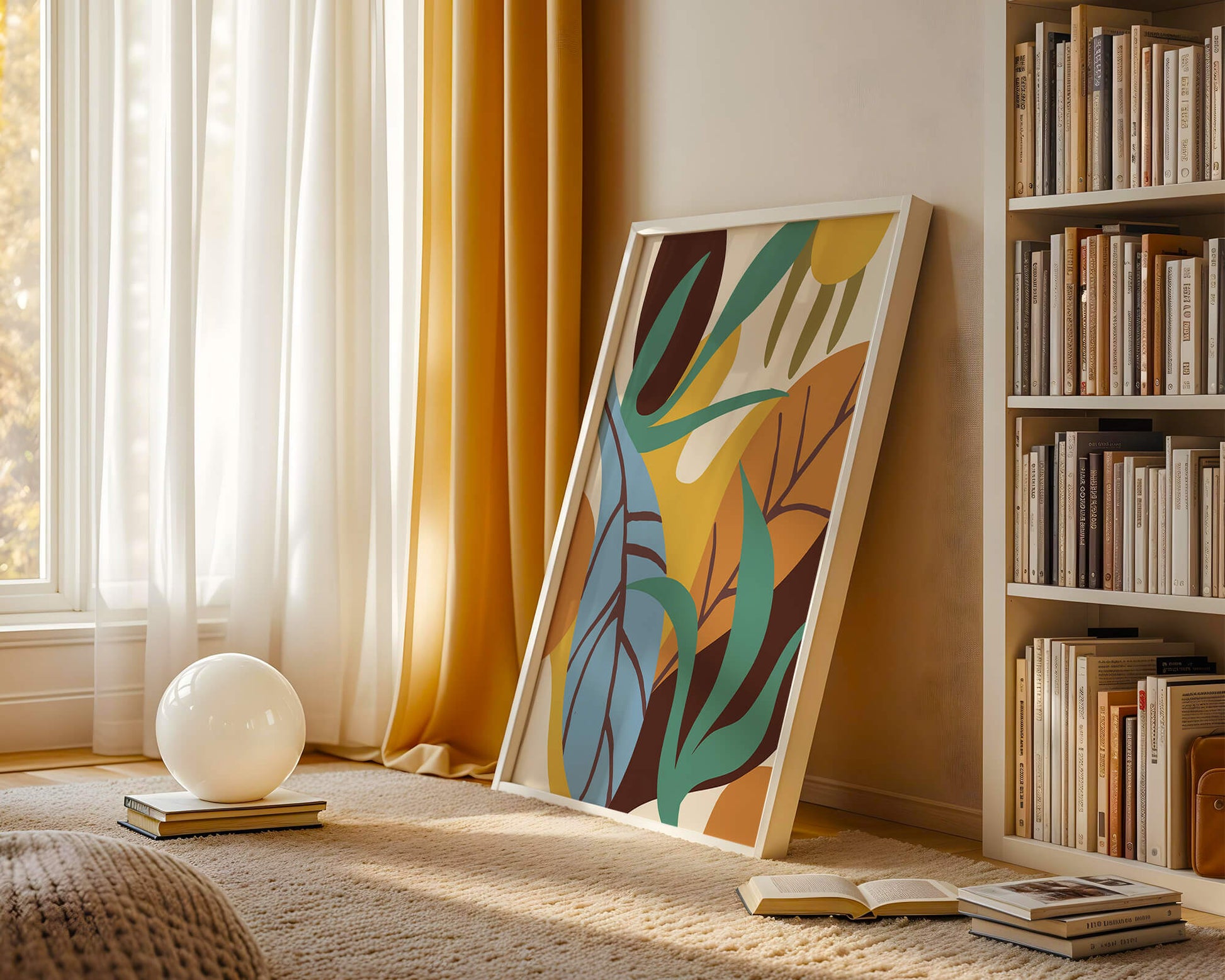 Abstract botanical design with colorful leaves and organic shapes