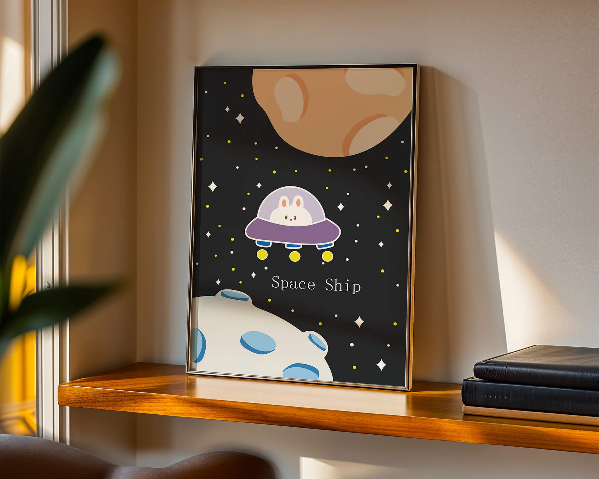 Cute bunny in spaceship with planets and stars in space illustration