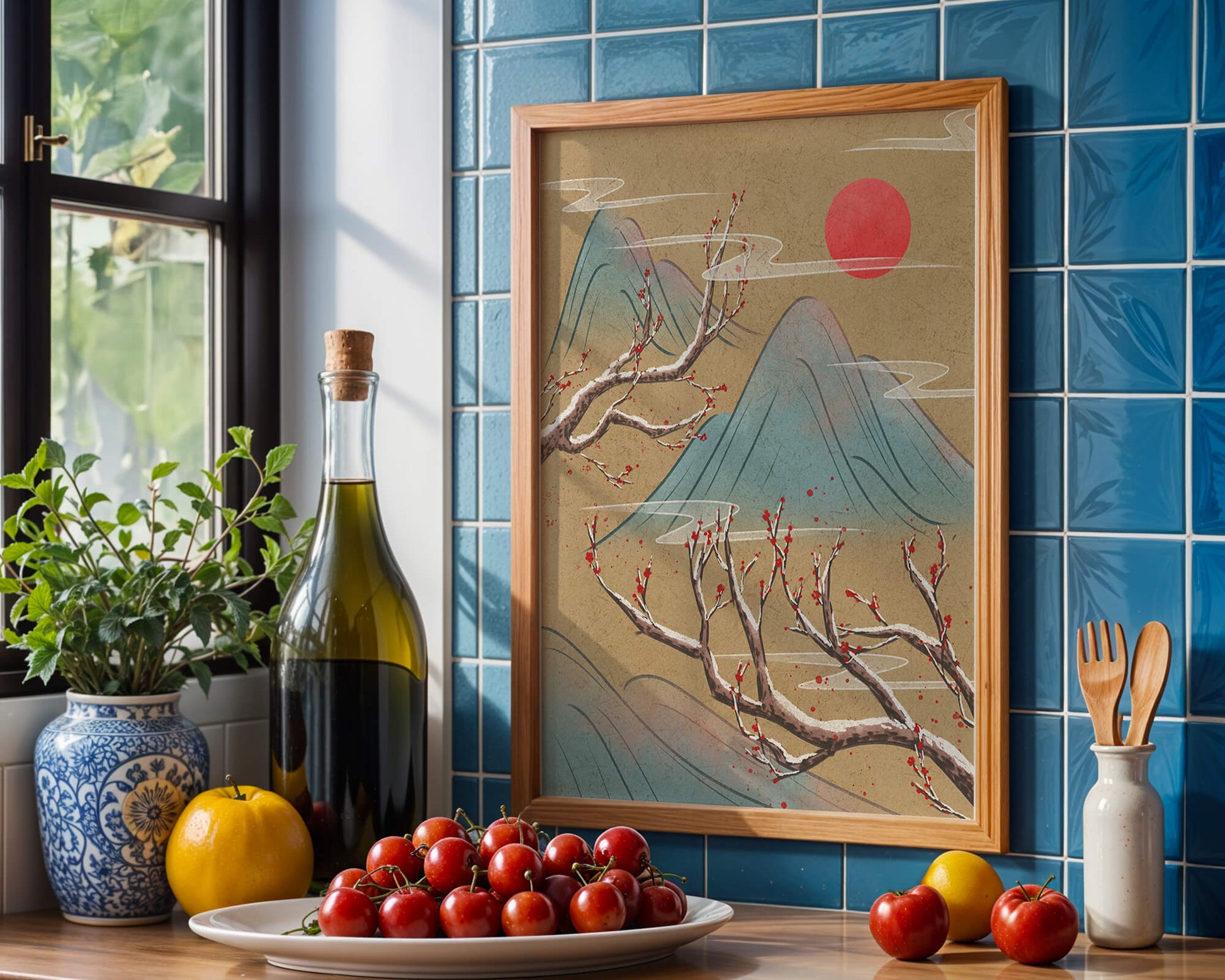 Tranquil landscape with cherry blossom and red sun