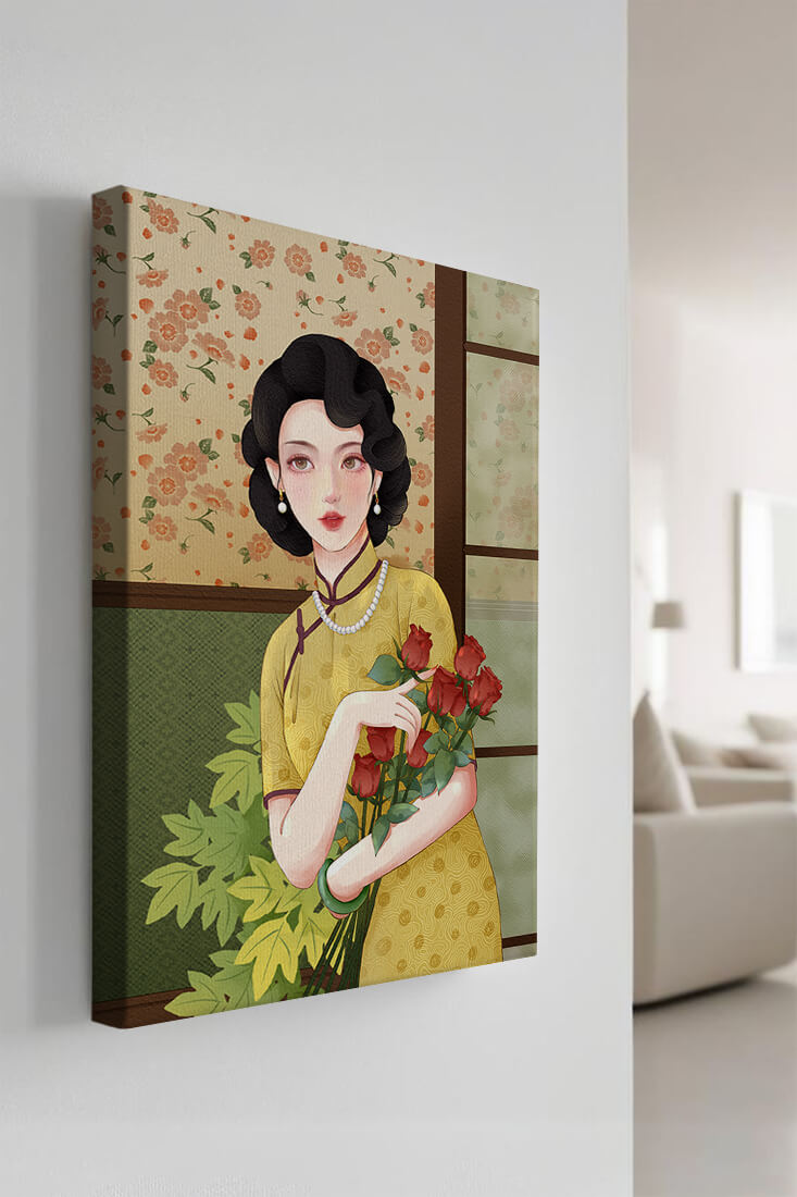 Elegant woman with floral backdrop holding a bouquet