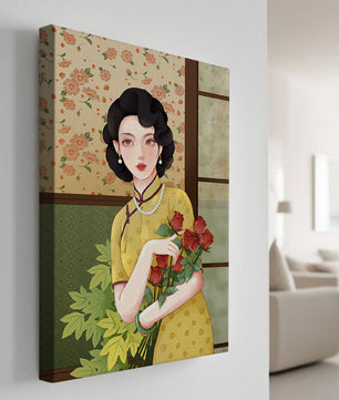 Mujer elegante con fondo floral sosteniendo un ramo