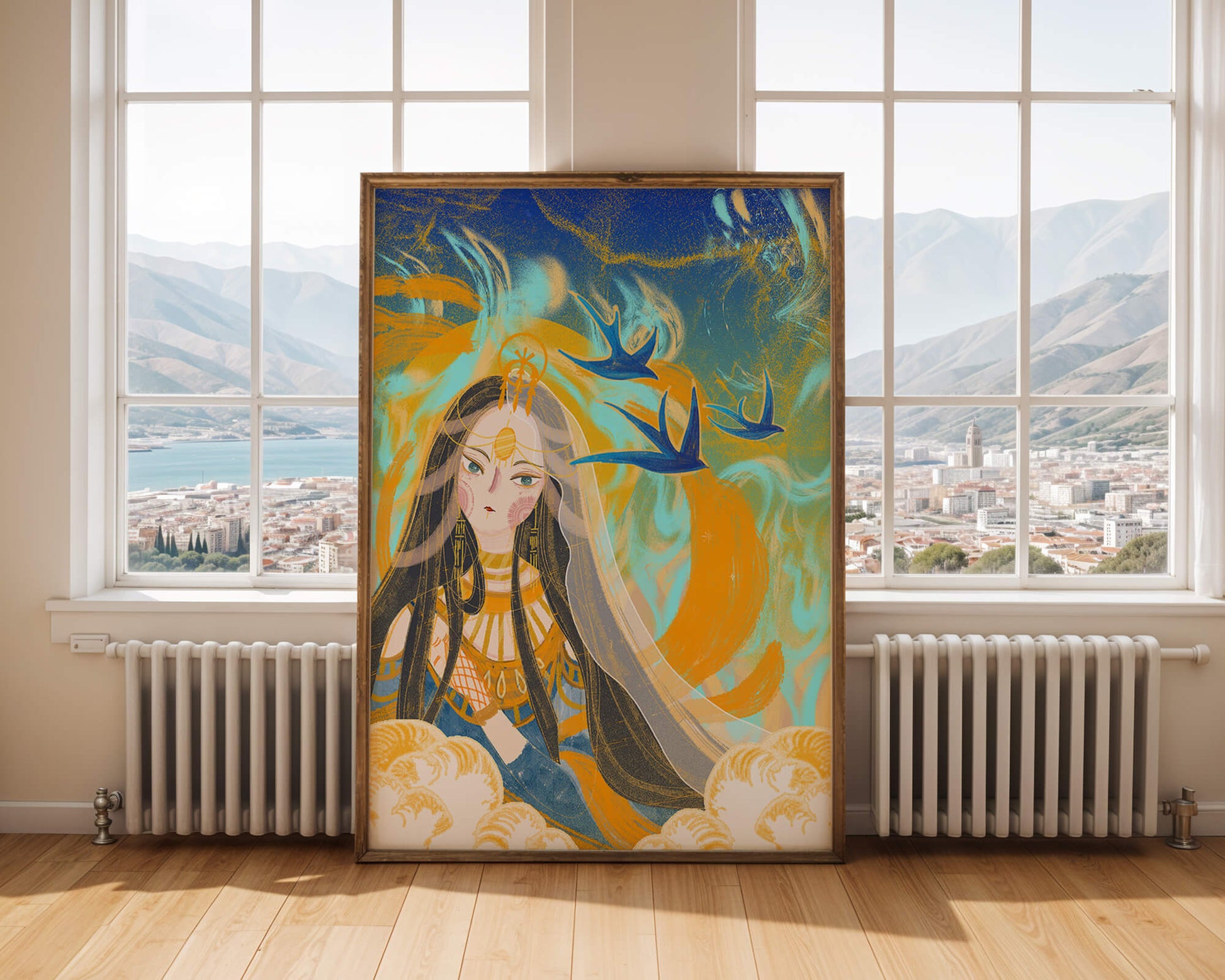 Majestic Goddess with Birds and Golden Elements in Mystical Setting