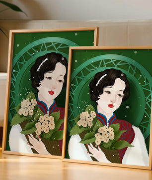 Elegant portrait of a woman with a bouquet of roses on a green abstract background