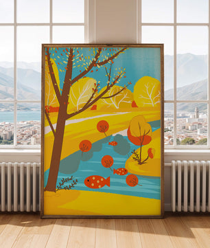 Paysage d'automne coloré avec rivière et arbres vibrants