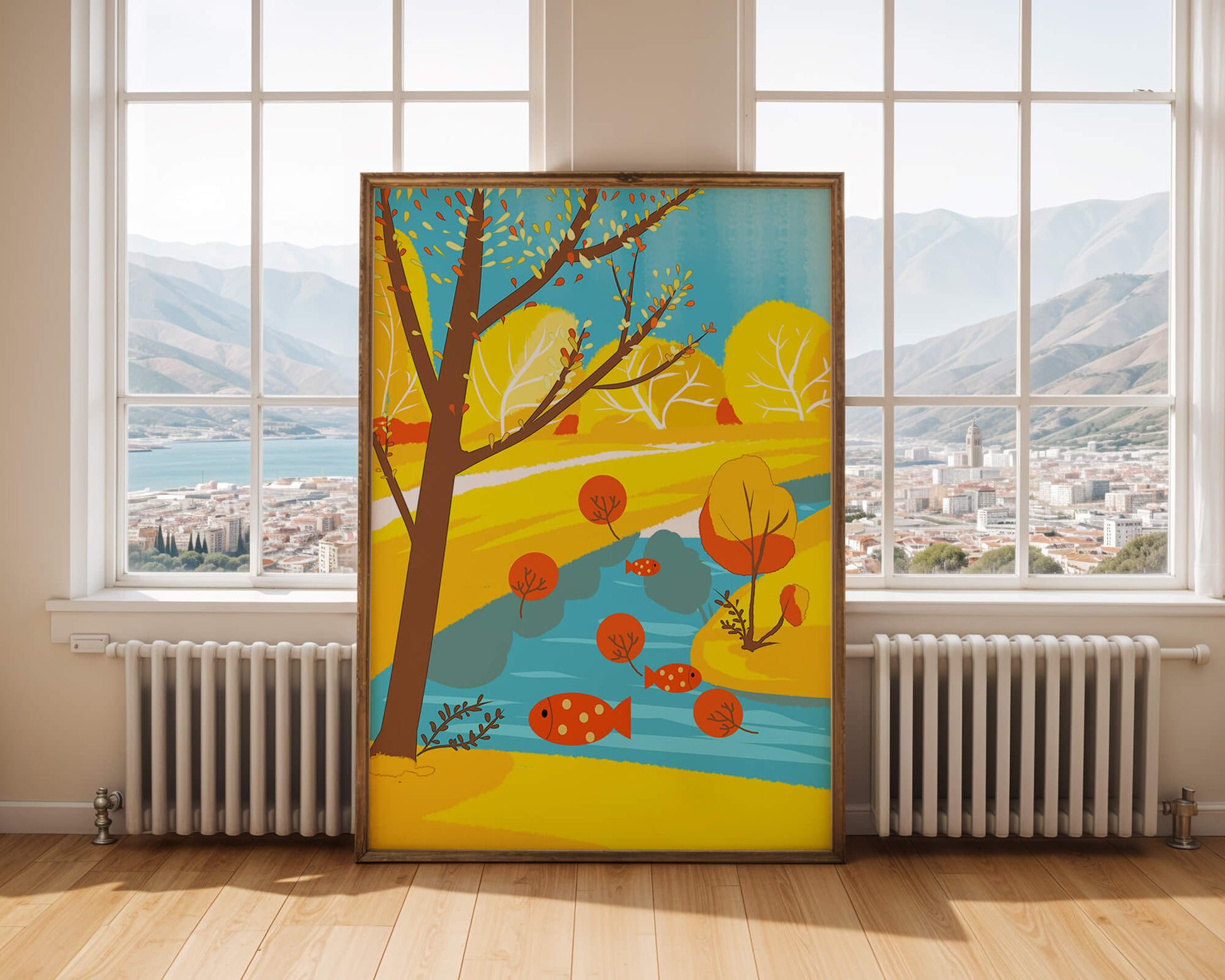 Paysage d'automne coloré avec rivière et arbres vibrants