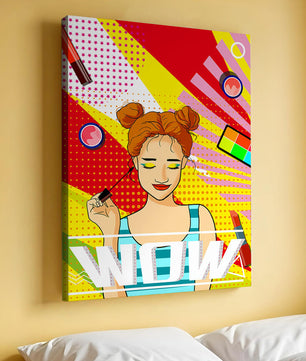 Ilustración de arte pop vibrante con una niña sonriente con maquillaje colorido y patrones audaces