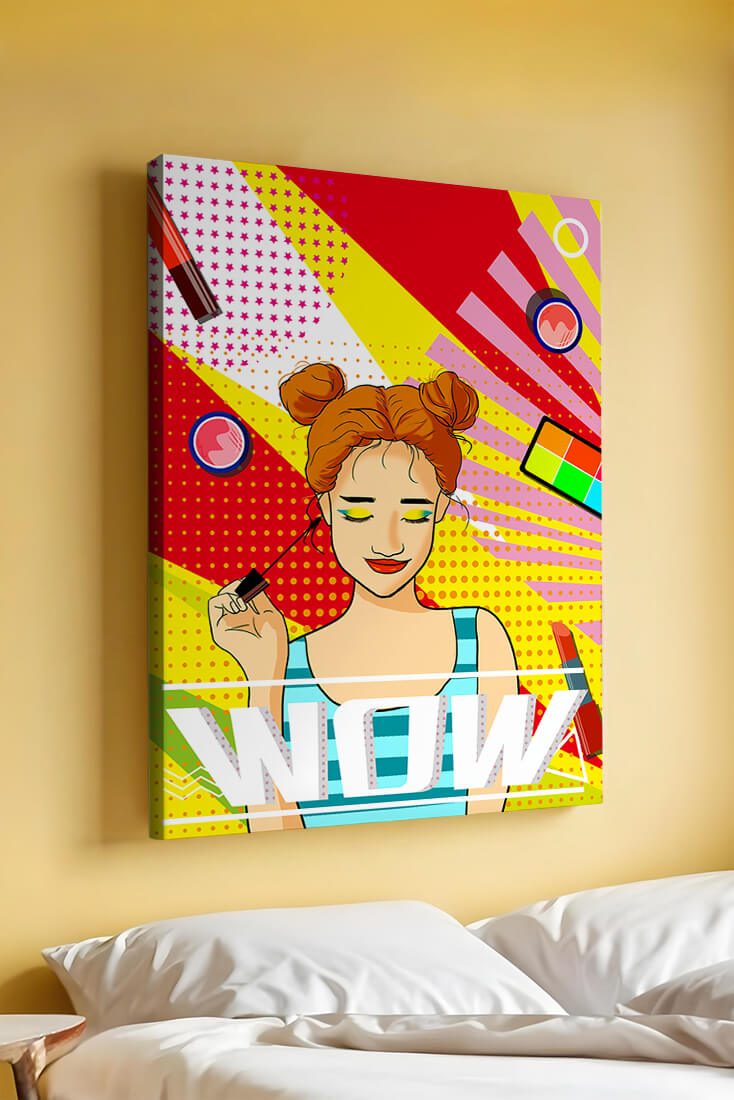 Ilustración de arte pop vibrante con una niña sonriente con maquillaje colorido y patrones audaces