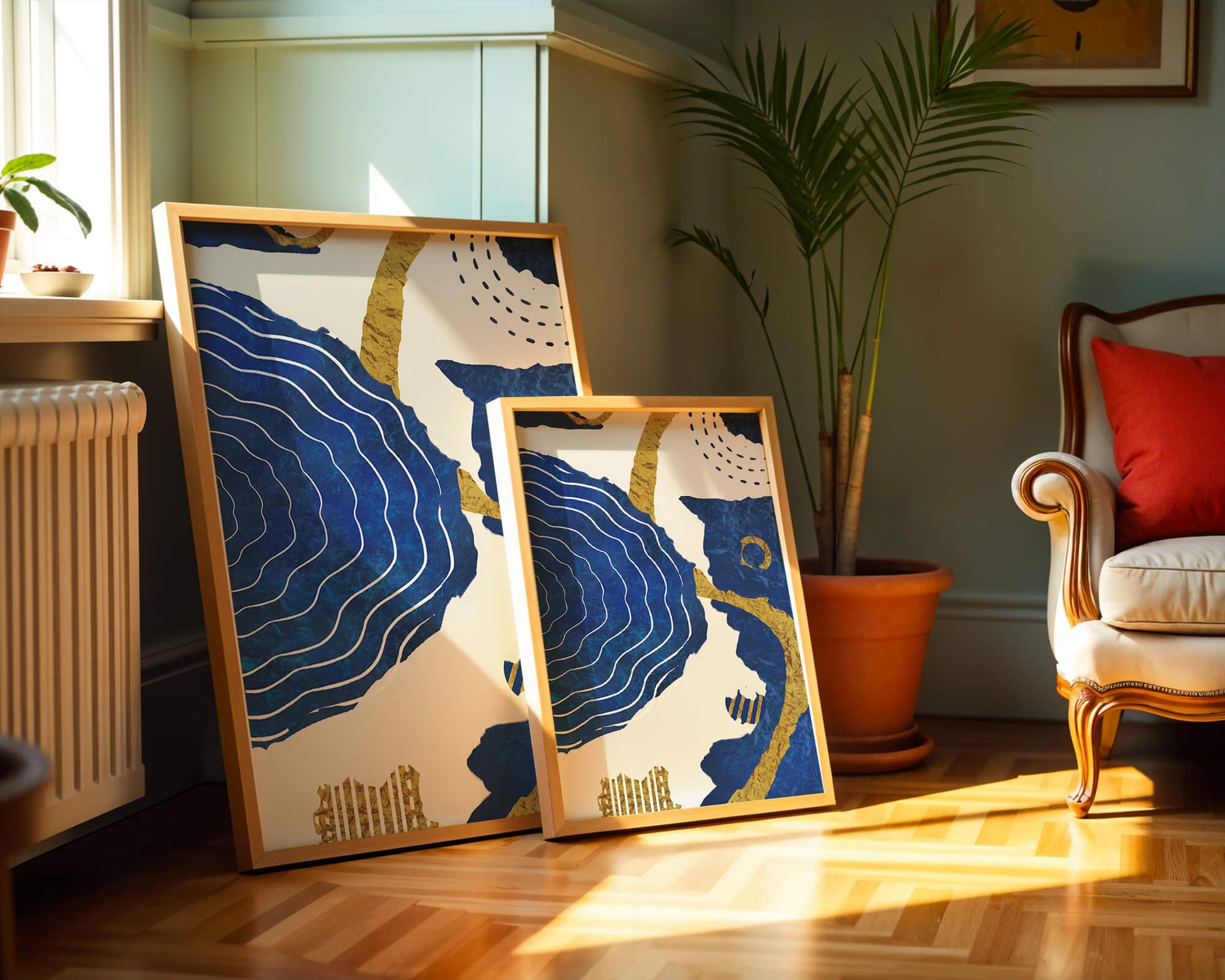 Diseño abstracto ondulado azul y dorado con patrones geométricos