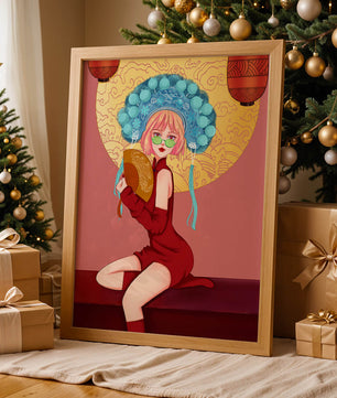 Elegante Illustration einer Frau in traditioneller Kleidung mit einem Fächer