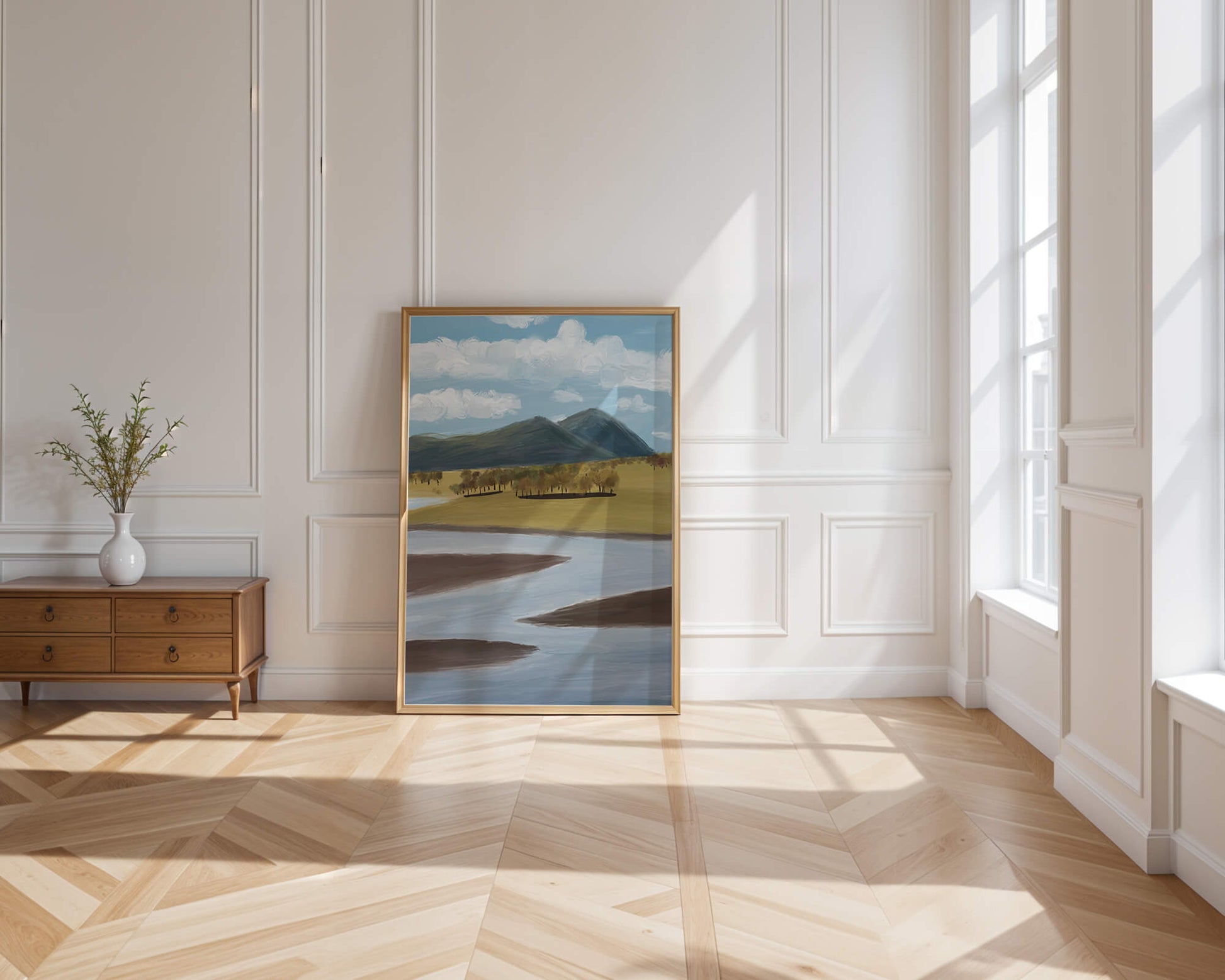 Serene Landscape with Mountains, Trees, and River