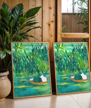 Paisaje sereno con gatos en un bote en medio de una vegetación exuberante