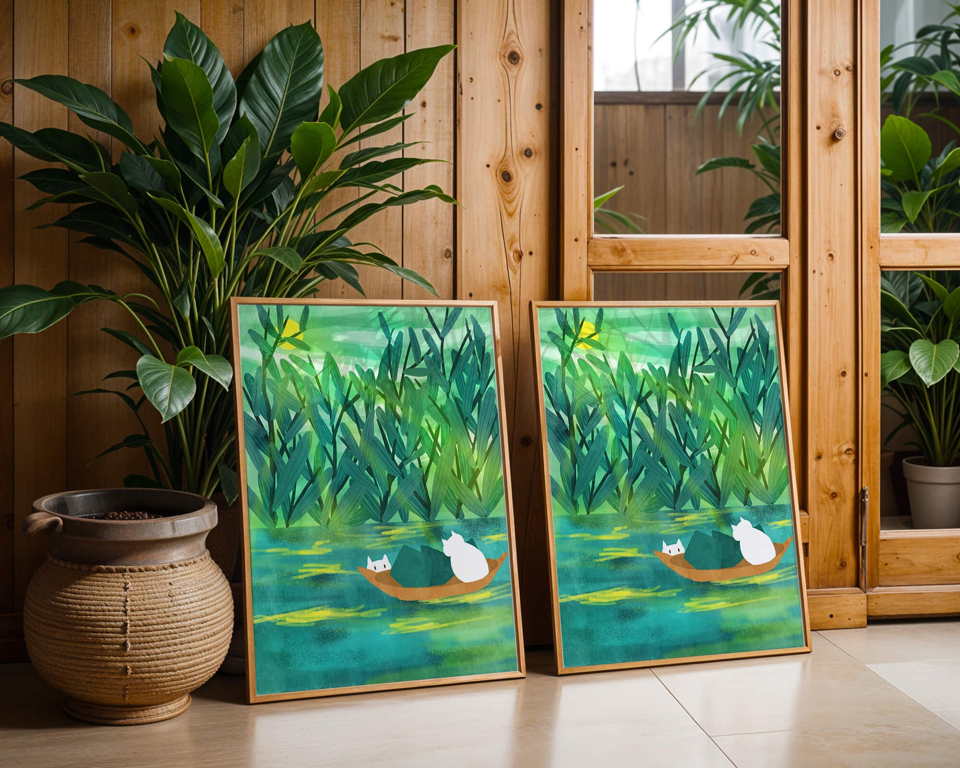 Serene landscape with cats on a boat in lush greenery