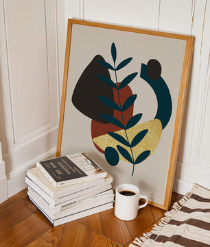 Abstract Botanical Composition with Geometric Shapes and Gold Accent - Mi tienda