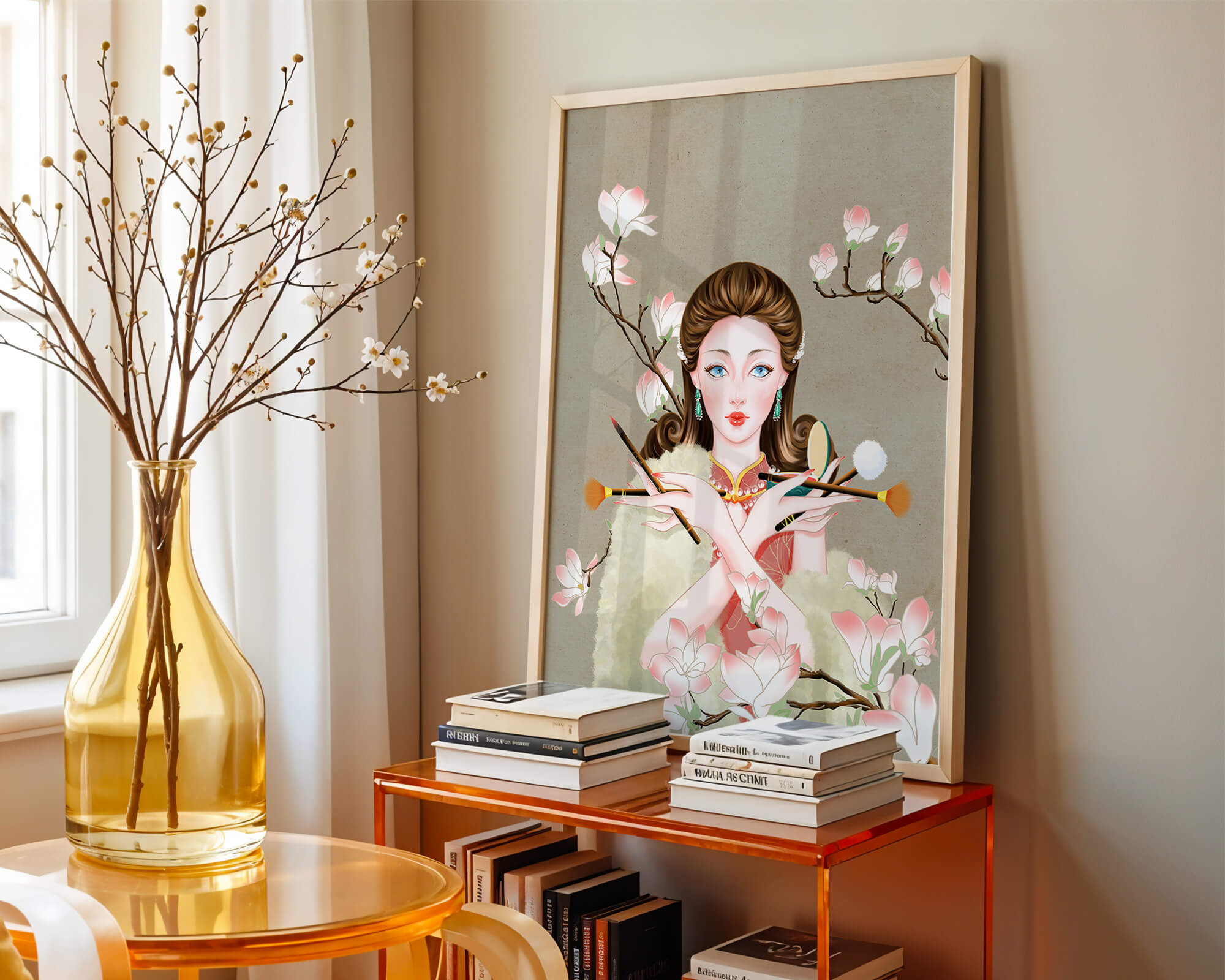 Elegant woman with makeup tools amidst blooming magnolia branches