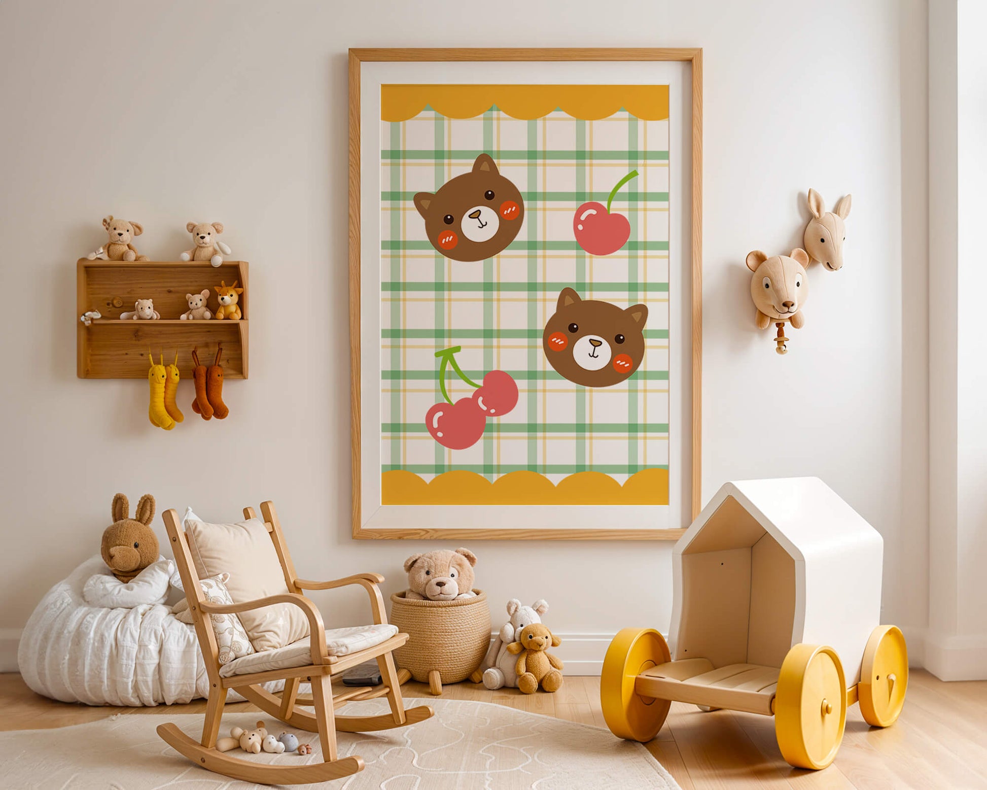 Playful bear and cherry pattern with plaid background