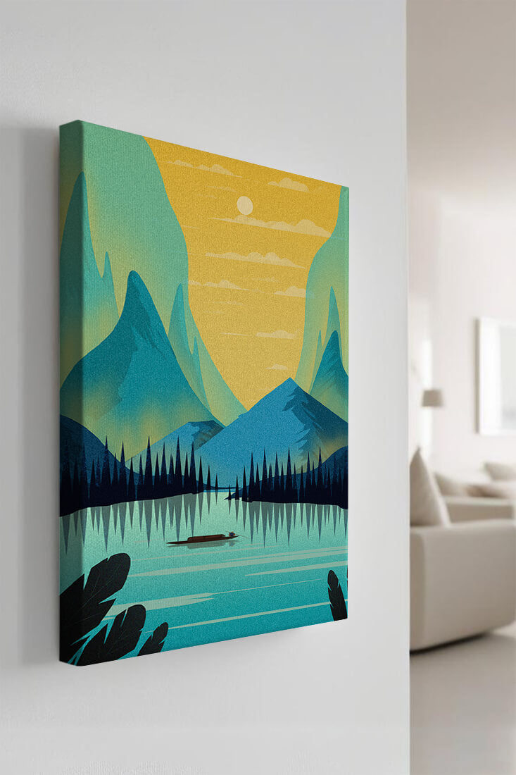 Serene lake landscape with mountains and sunset