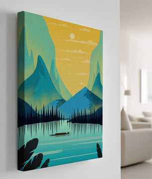 Serene lake landscape with mountains and sunset