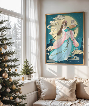 Traditional Asian-inspired artwork featuring a woman and rabbit under a moonlit sky