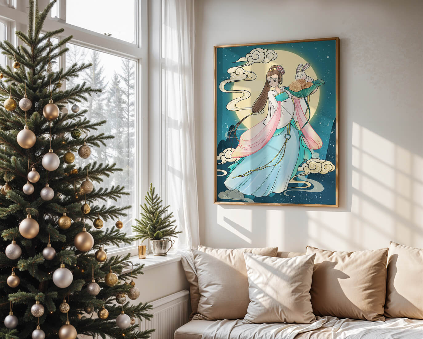 Traditional Asian-inspired artwork featuring a woman and rabbit under a moonlit sky