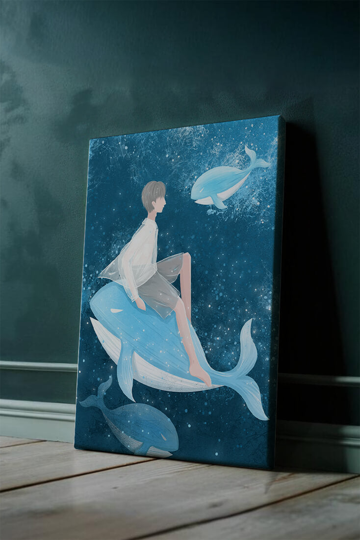 Fantasy illustration of person on blue whale in underwater scene