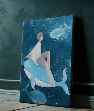Illustration fantastique d'une personne sur une baleine bleue dans une scène sous-marine