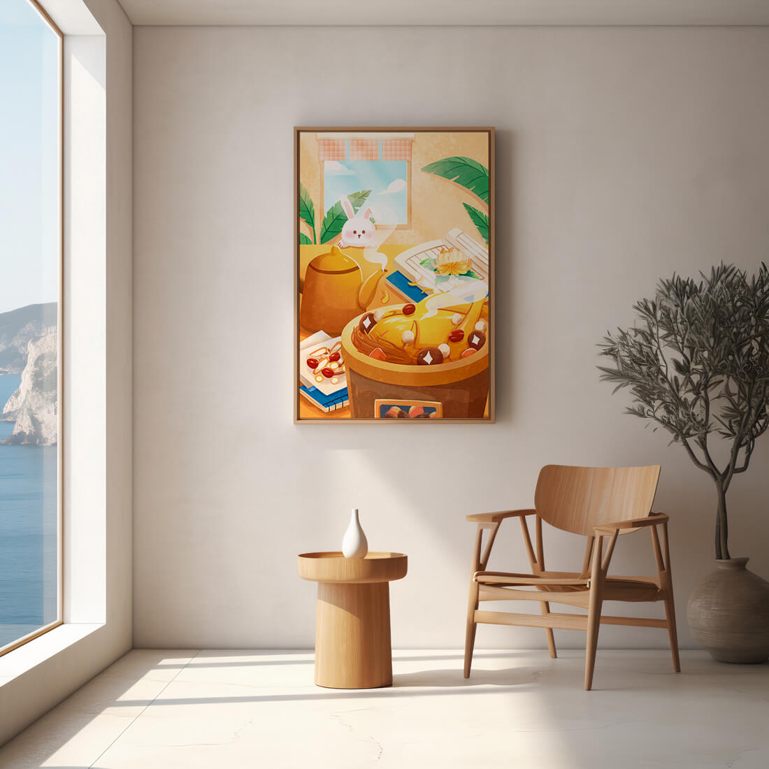 Cozy kitchen scene with cute bunny, teapot, and golden dessert