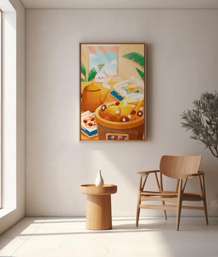 Cozy kitchen scene with cute bunny, teapot, and golden dessert