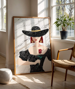 Elegante Frau mit stilvollem schwarzen Hut und roter Rose