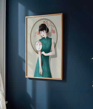 Elegante Illustration einer Frau in traditioneller Kleidung mit einem Fächer mit Kirschblüten