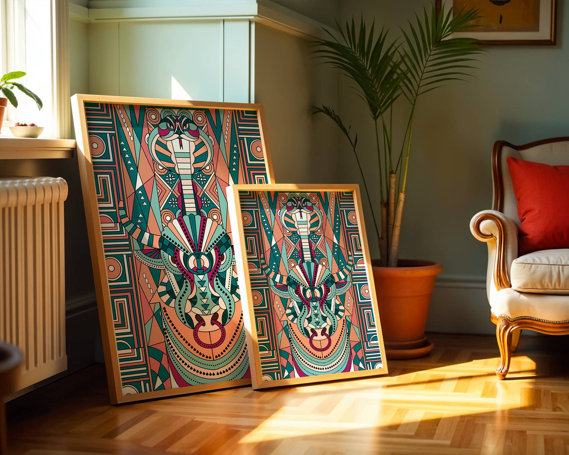 Patrón geométrico de animales con toro y cobra en colores vibrantes