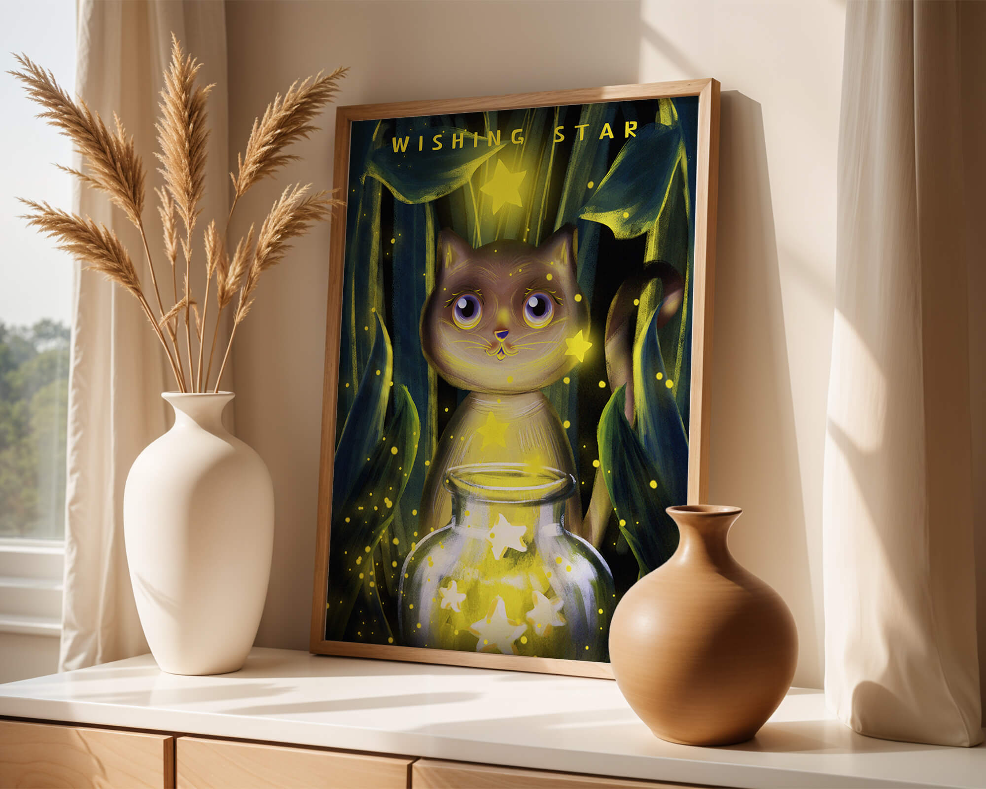 Cat under starry night in a magical forest setting