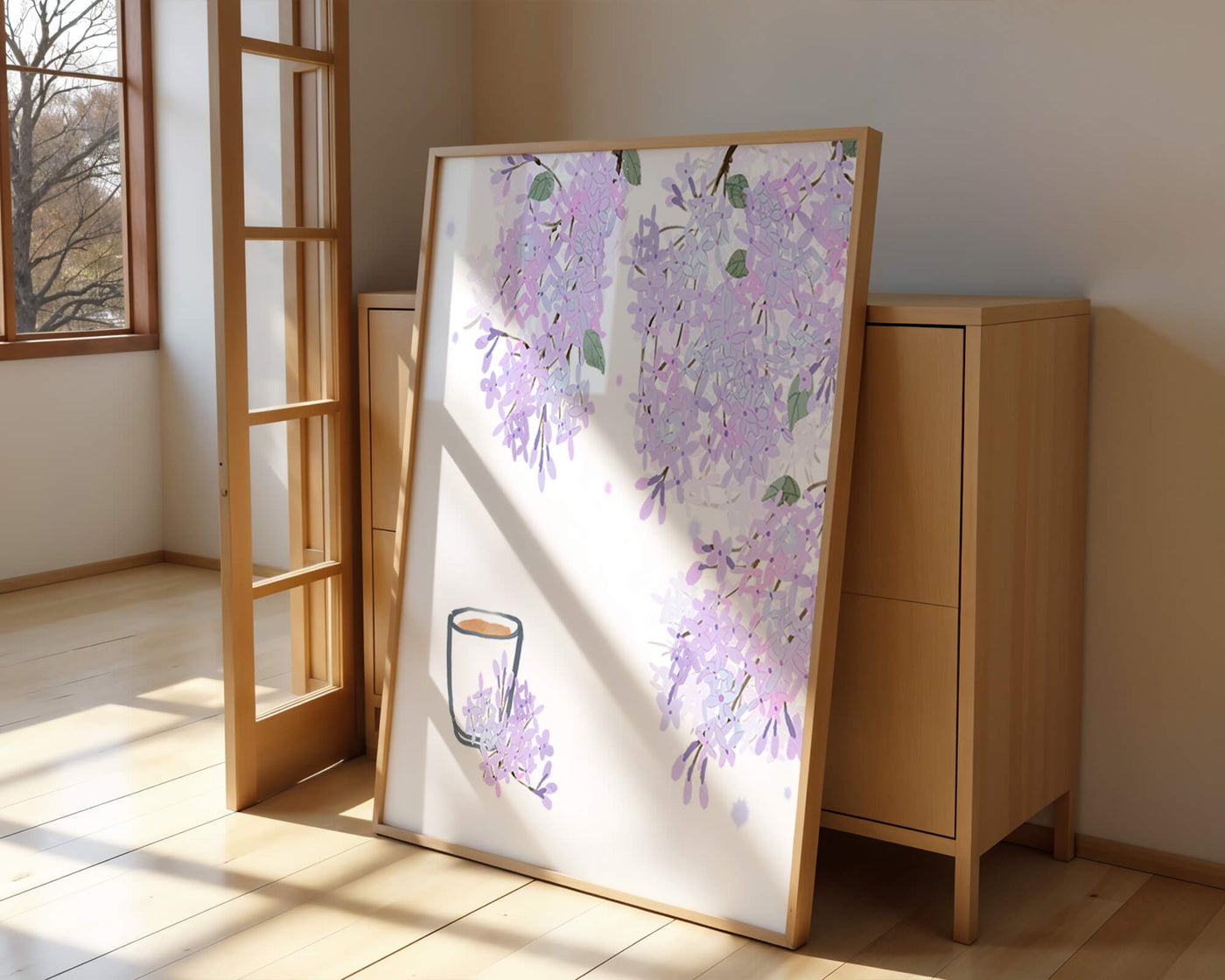 Elegant floral illustration with lilac blossoms and delicate branches