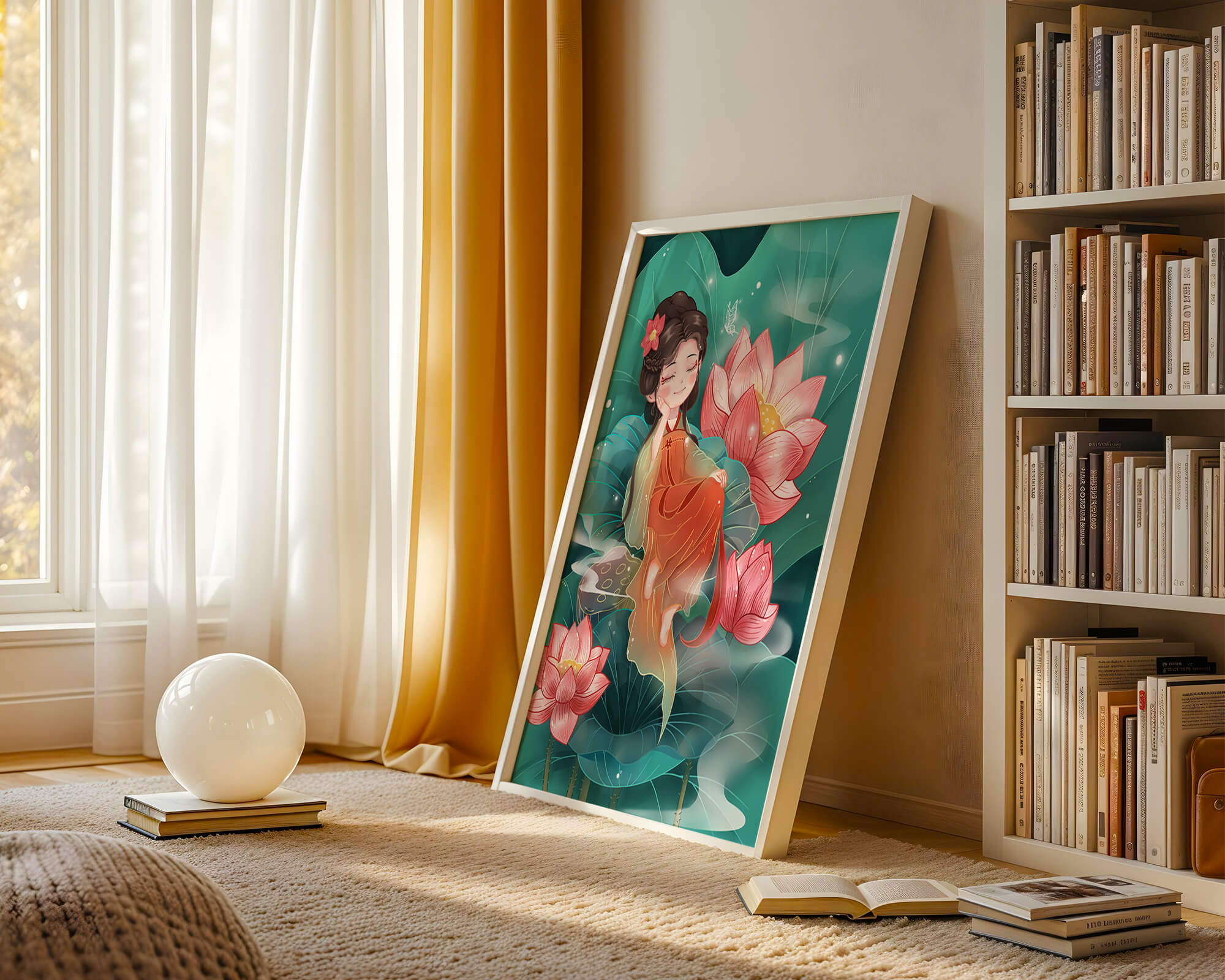 Charming illustration of a girl resting amidst lotus flowers