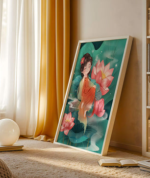 Charmante illustration d'une fille se reposant parmi des fleurs de lotus