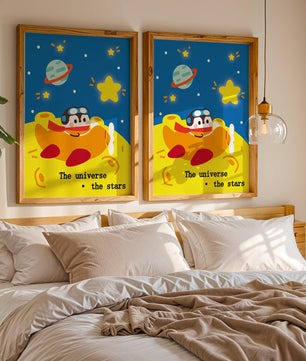 Colorful cartoon airplane with stars and planets in space