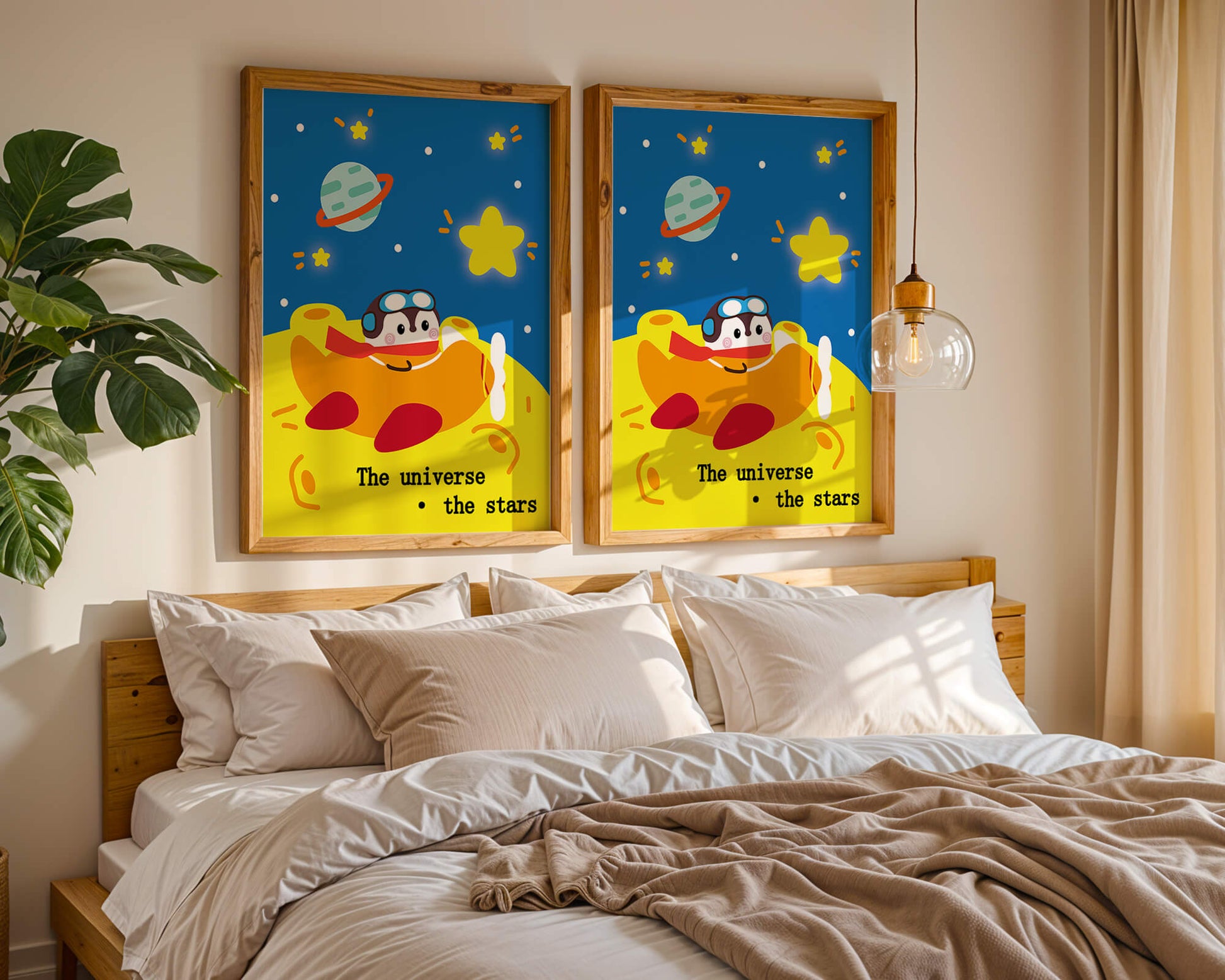 Colorful cartoon airplane with stars and planets in space