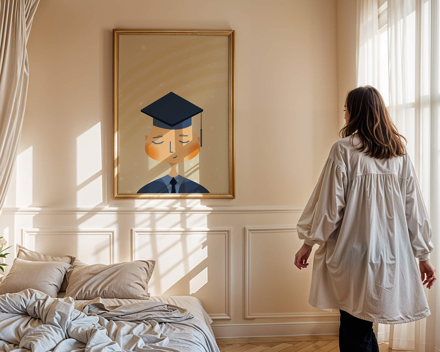 Illustration of a graduate with cap and closed eyes
