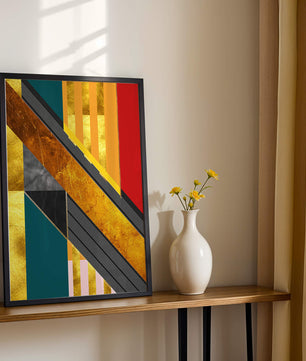 Abstract geometric design with gold accents and vibrant colors