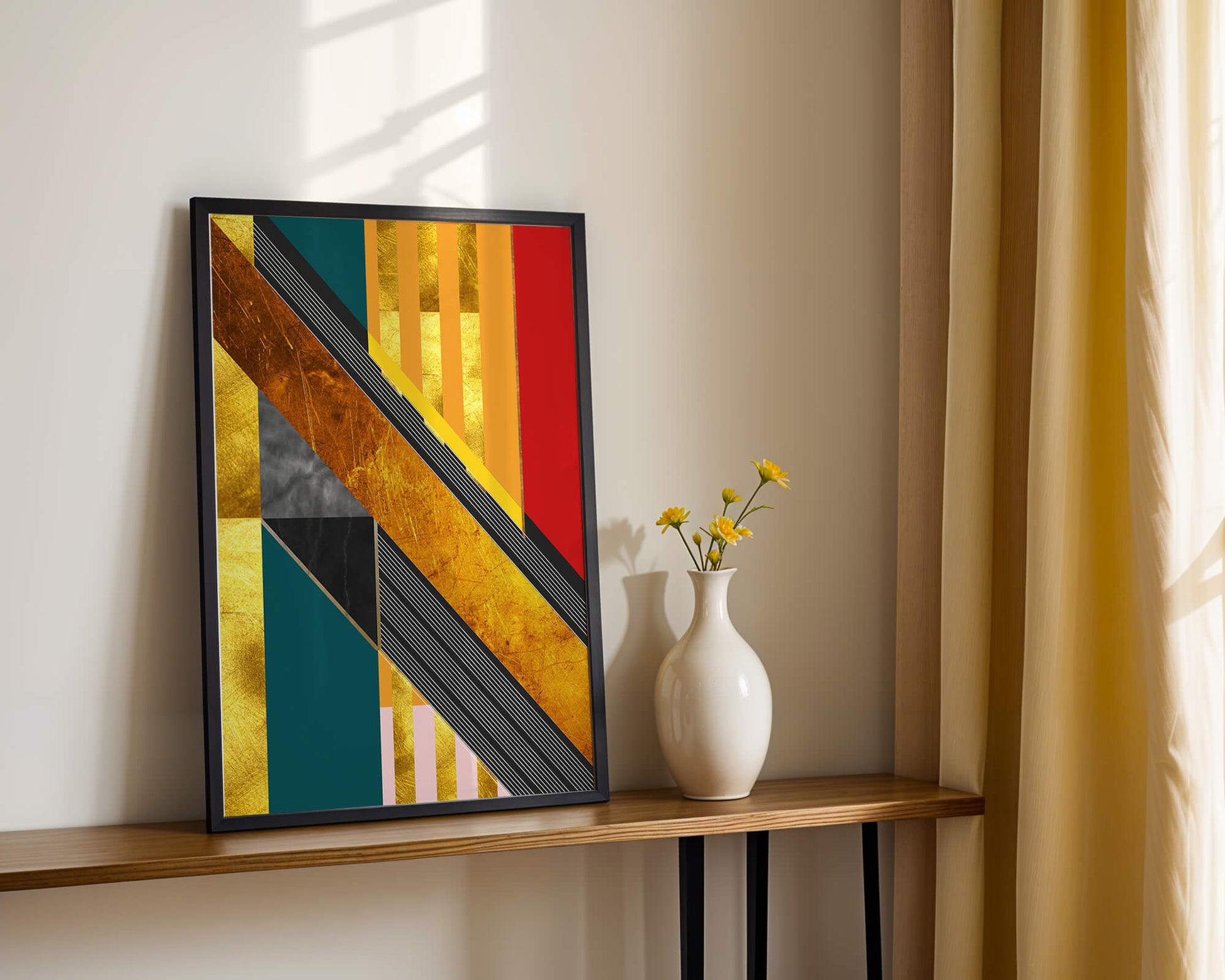 Abstract geometric design with gold accents and vibrant colors