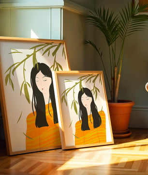 Illustration d'une femme en pull orange avec un fond de feuillage