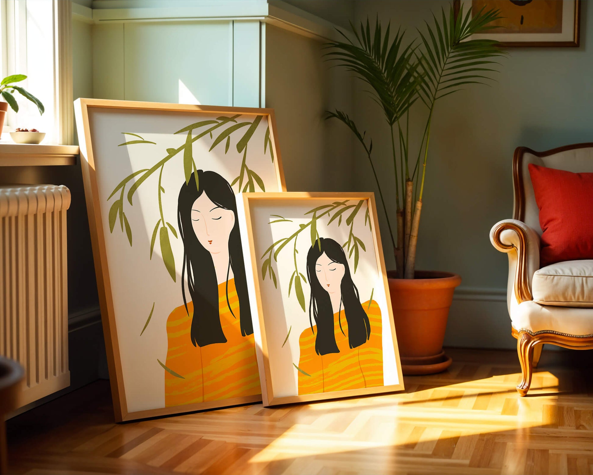 Woman in orange sweater with foliage backdrop illustration