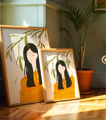 Woman in orange sweater with foliage backdrop illustration