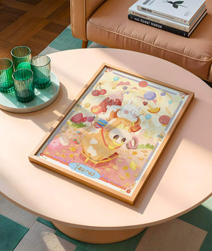 A whimsical Taurus zodiac illustration with playful animals and sweet treats