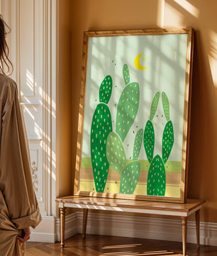 Desert cactus illustration with crescent moon