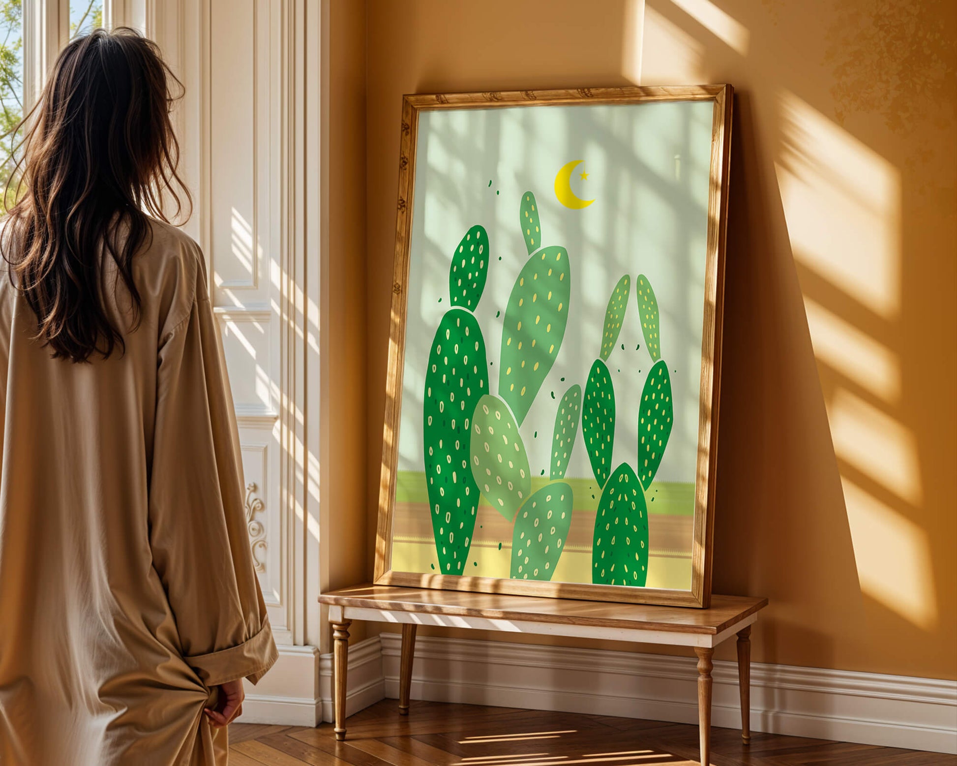 Desert cactus illustration with crescent moon