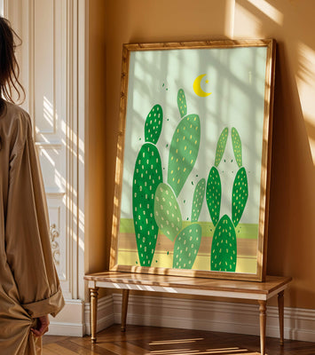 Desert cactus illustration with crescent moon