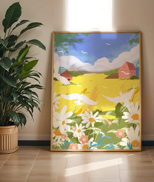 Summer Landscape with Birds and Flowers in a Pastoral Setting
