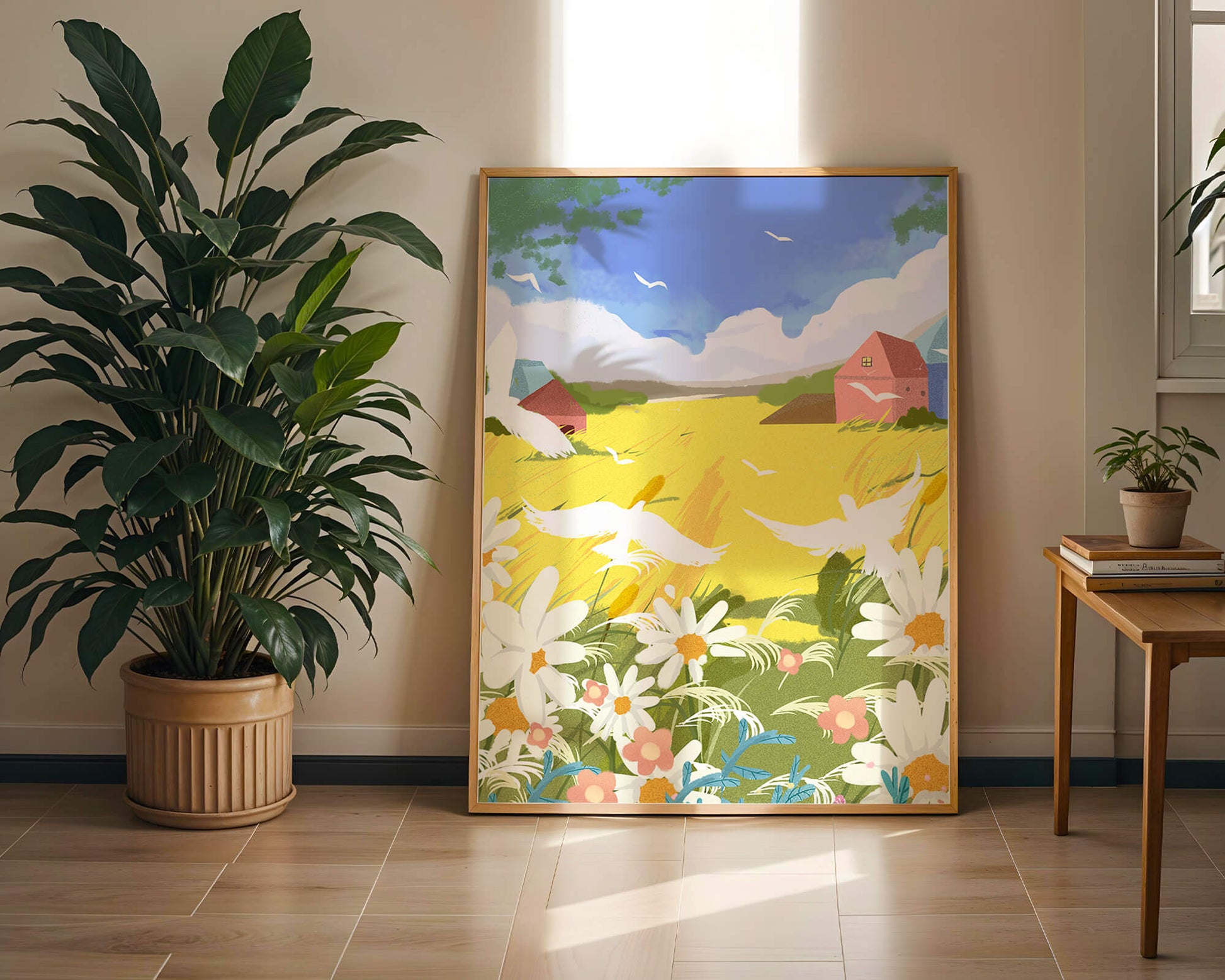 Summer Landscape with Birds and Flowers in a Pastoral Setting