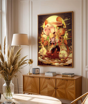 Fantasy scene with rabbit and character amid fireworks and lanterns