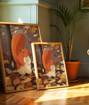 Ilustración de una ardilla adorable entre hojas de otoño